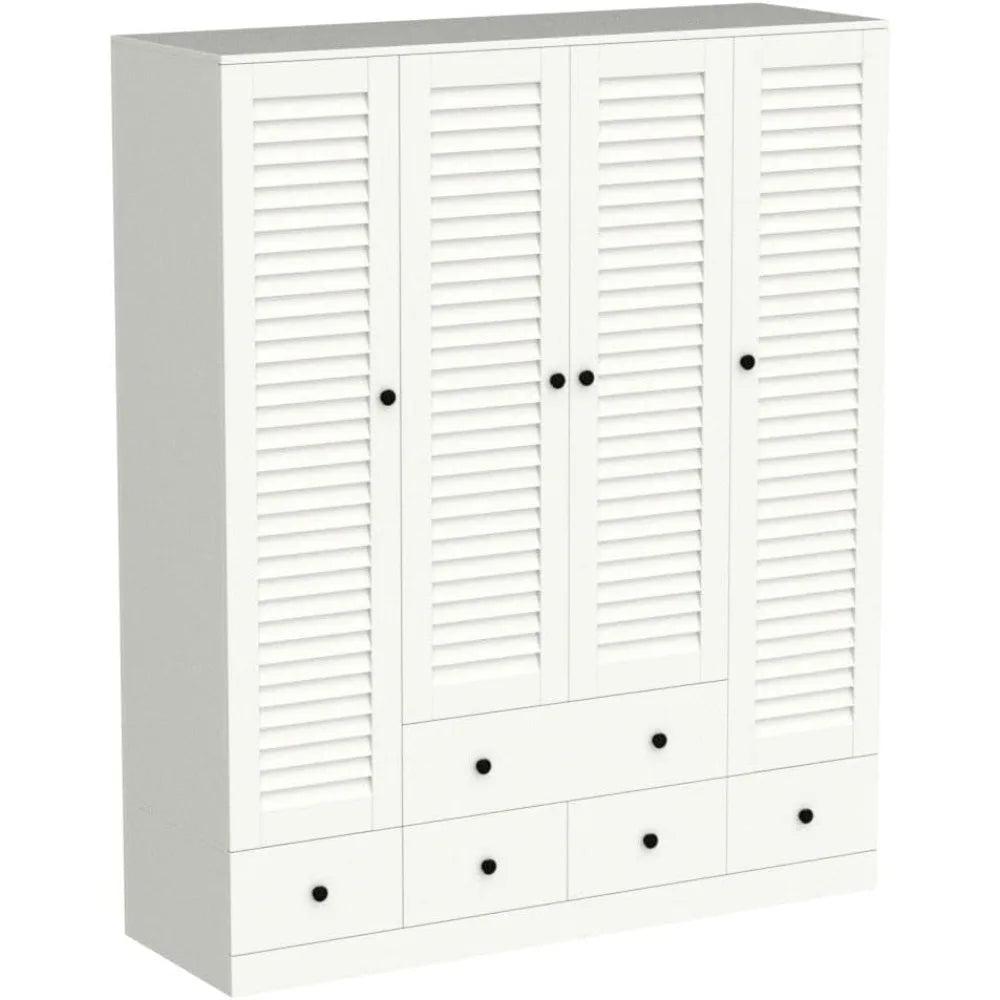 Large Wardrobe Armoire with Multi-Tier Shelves, 5 Drawers, Hanging Rod & 4 Louver Doors, Wooden Closet Storage Cabinet for Bedr