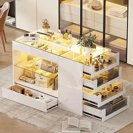 Closet Island with Drawers, Glossy Wardrobe Armoire Bedroom Island, Makeup Vanity Storage Island with Glass Tabletop&LED Light,