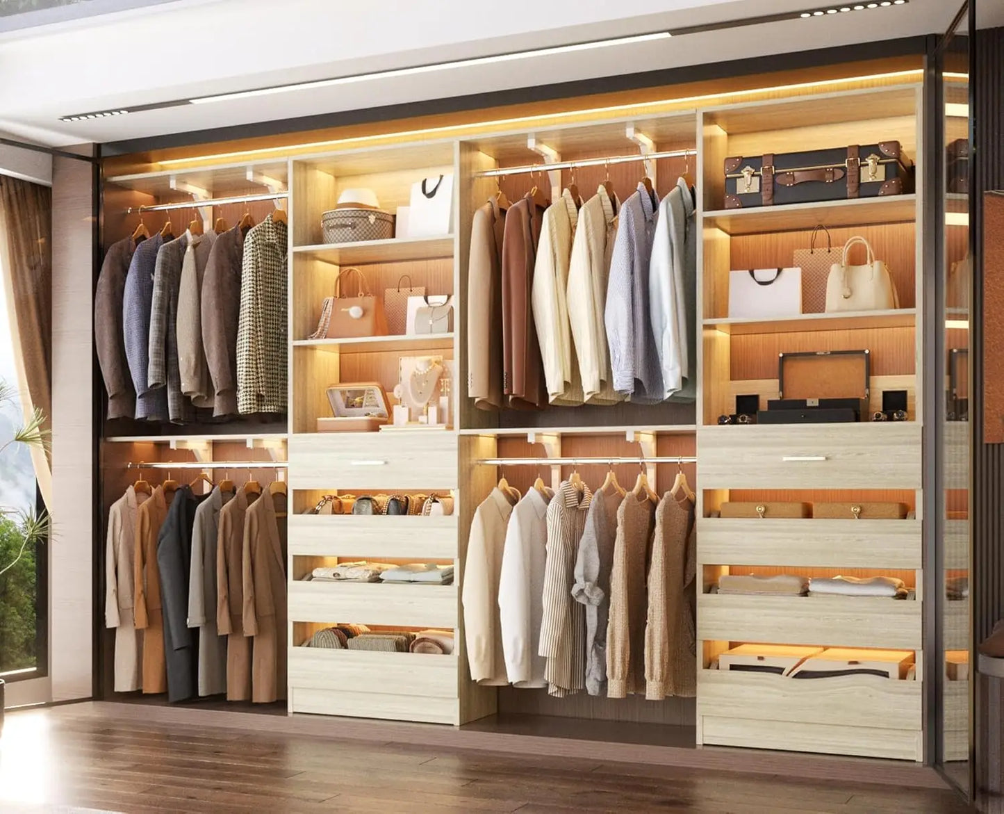 Closet System with 8 Wooden Drawers, Wood Closet Organizer System with Tower, Walk-in Closet Organizer Wardrobe Clothes Rack wi