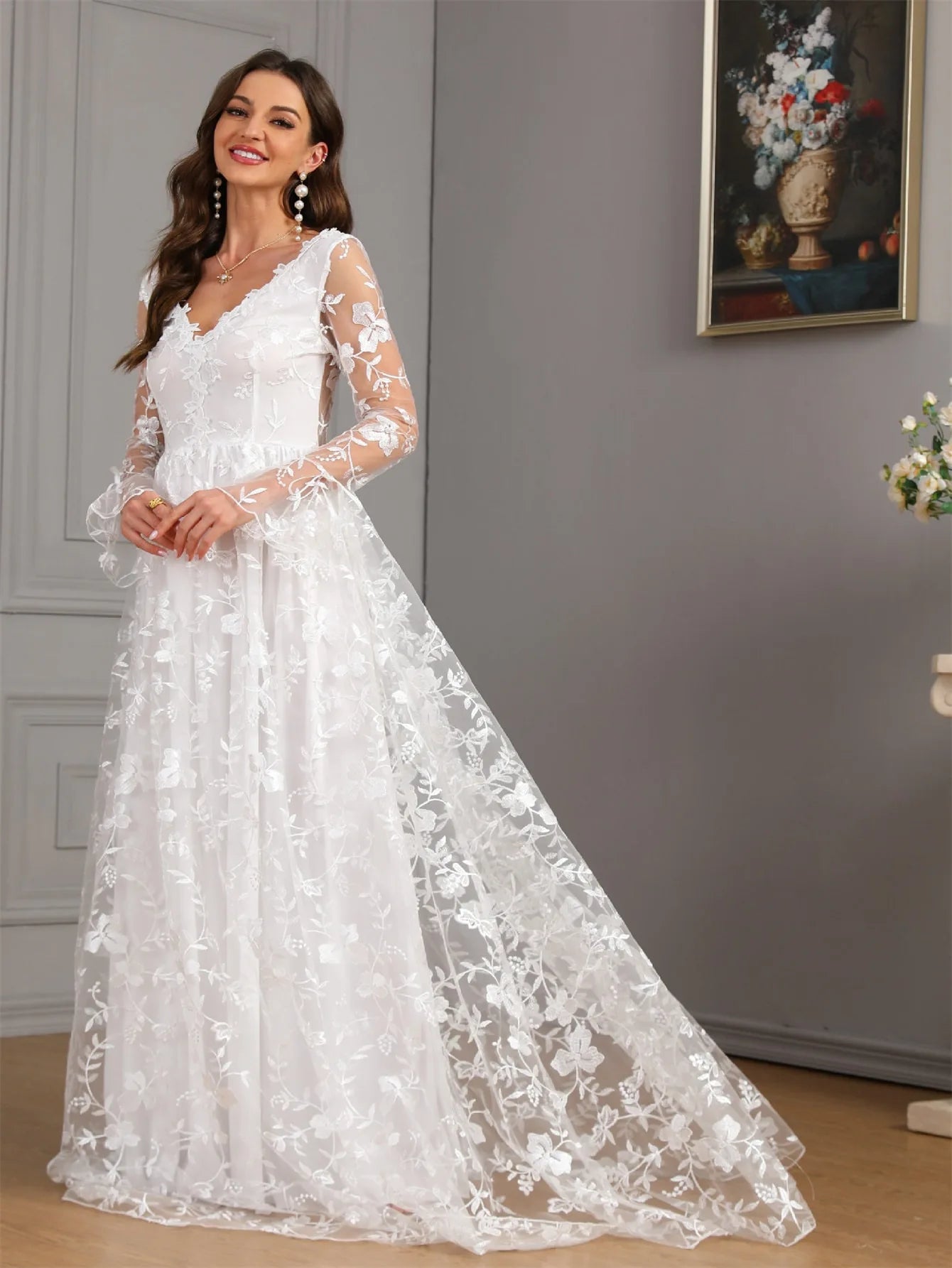 Ladies New Elegant Wedding Dress Autumn Long Sleeve Solid Color High end Wedding Dress Festival Party Evening Dress