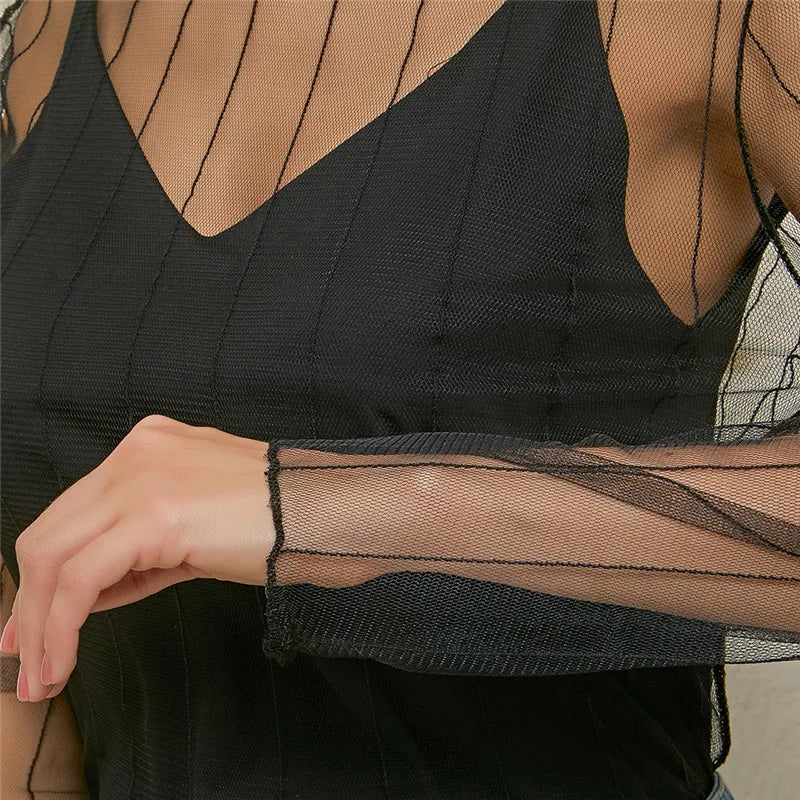 Women Mesh See Shirt Through Elegant Tops 2024 Hollow Transparent Fashion Exquisite Shirts Pentagram Dot Base Top