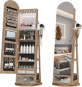 LED Mirror Jewelry Cabinet Standing, Lockable Jewelry Armoire with Arched Full-Length Mirror and Adjustable LED Lights, Space-S