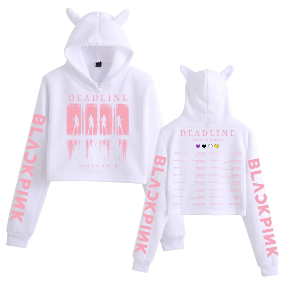 2025 BP Deadline Black World Tour Crop Tops Cat Ears Sweatshirt Long Sleeve Girls Fashion Hoodie