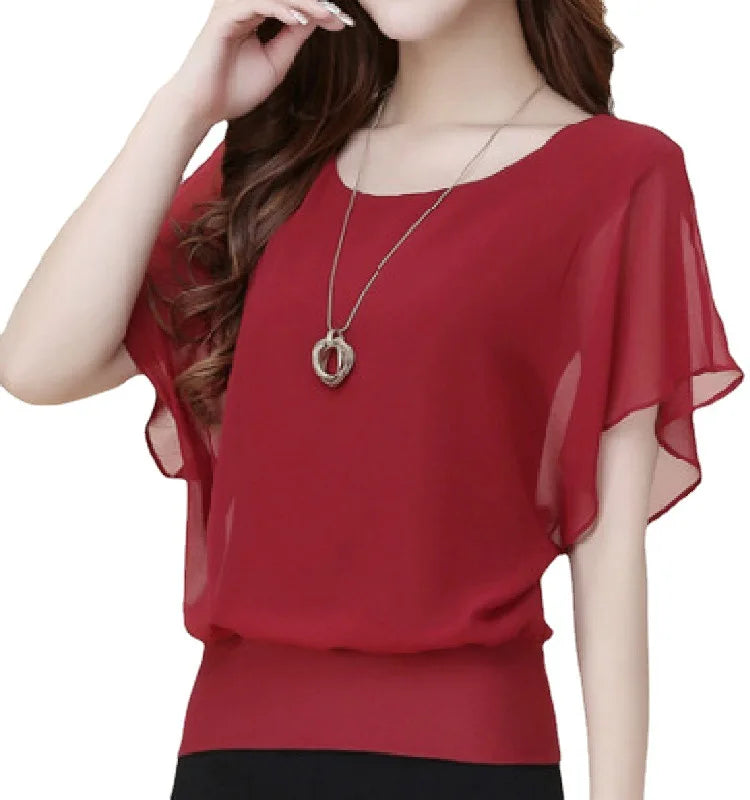 New Summer O Neck Short Sleeve Loose Fashion Chiffon Shirt For Women Top Black Casual Shirts Women Clothes 2025