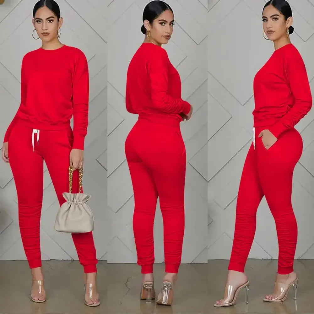 New round Neck Long Sleeve Slim Fit Warm Top Elastic Waistband Lace-up Trousers Simple Solid Color Sports Two-Piece Set
