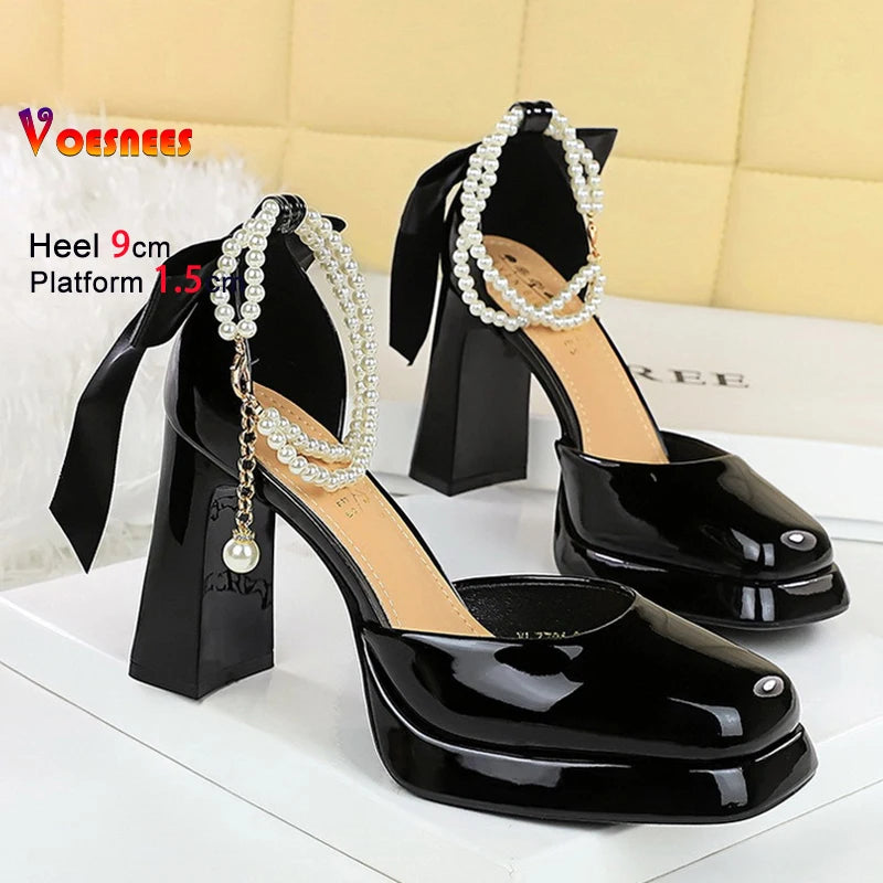 Square Toe Sandals Women 9CM Thick High Heel Summer Party Dress Shoes With White Bowknot Ankle Pearl Chain Platform Ladies Shoes