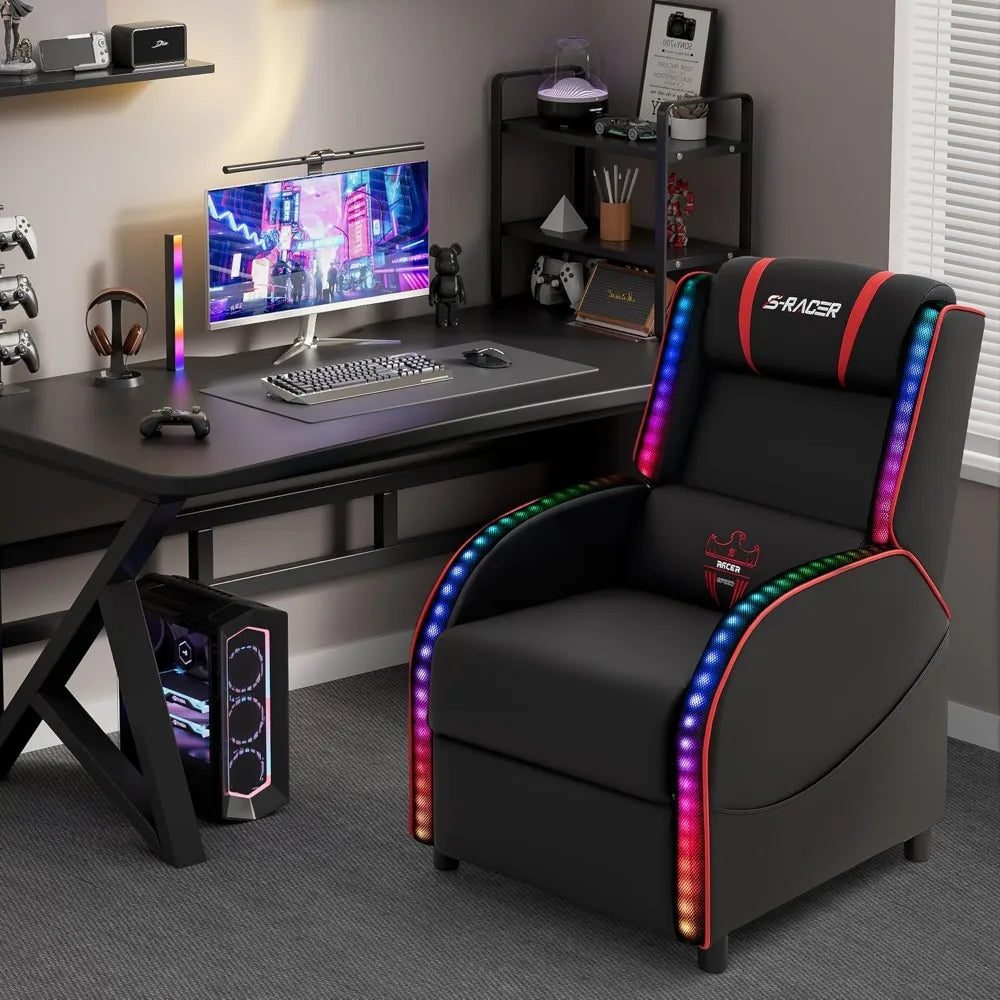 LED Gaming Massage Recliner Chair Racing Style Single Living Room Sofa Comfortable Ergonomic Home Theater Seating(Red)