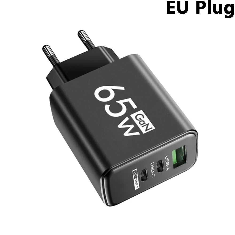 GaN 65W USB C Charger 3 Port PD Quick Charge Wall Plug Adapter For iPhone 15 14 Samsung Xiaomi Huawei EU US Travel Fast Charger