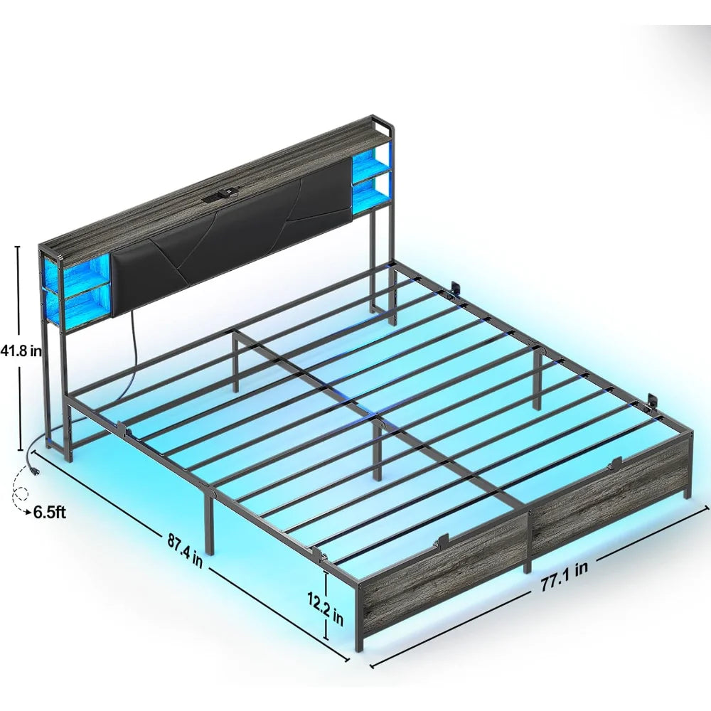 LED King Size Bed Frame with Charging Outlets & Sturdy Bed W/Upholstered Headboard, Heavy Duty Metal Slats, No Box Spring Needed