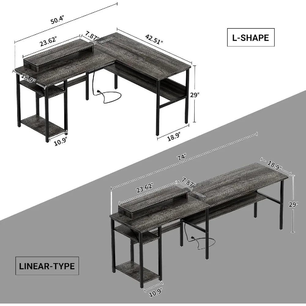 Reversible L Shaped Desk with Power Outlets and RGB LED Light, Sturdy Computer Desk with Ergonomic Monitor Stand and Storage