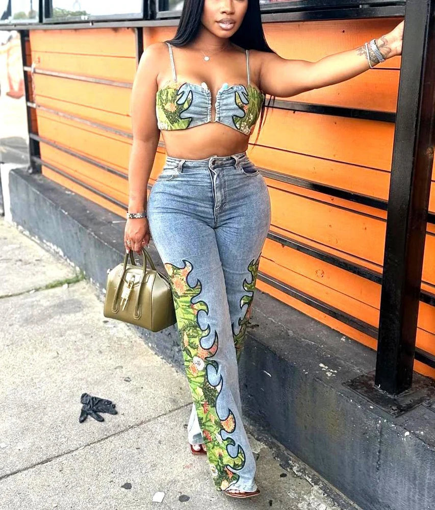 Sexy Denim Woman Set Fashion Floral Printed Crop Top and Wide Leg Jeans Pants Suit 2025 Street Wear Two 2 Piece Sets Outfits