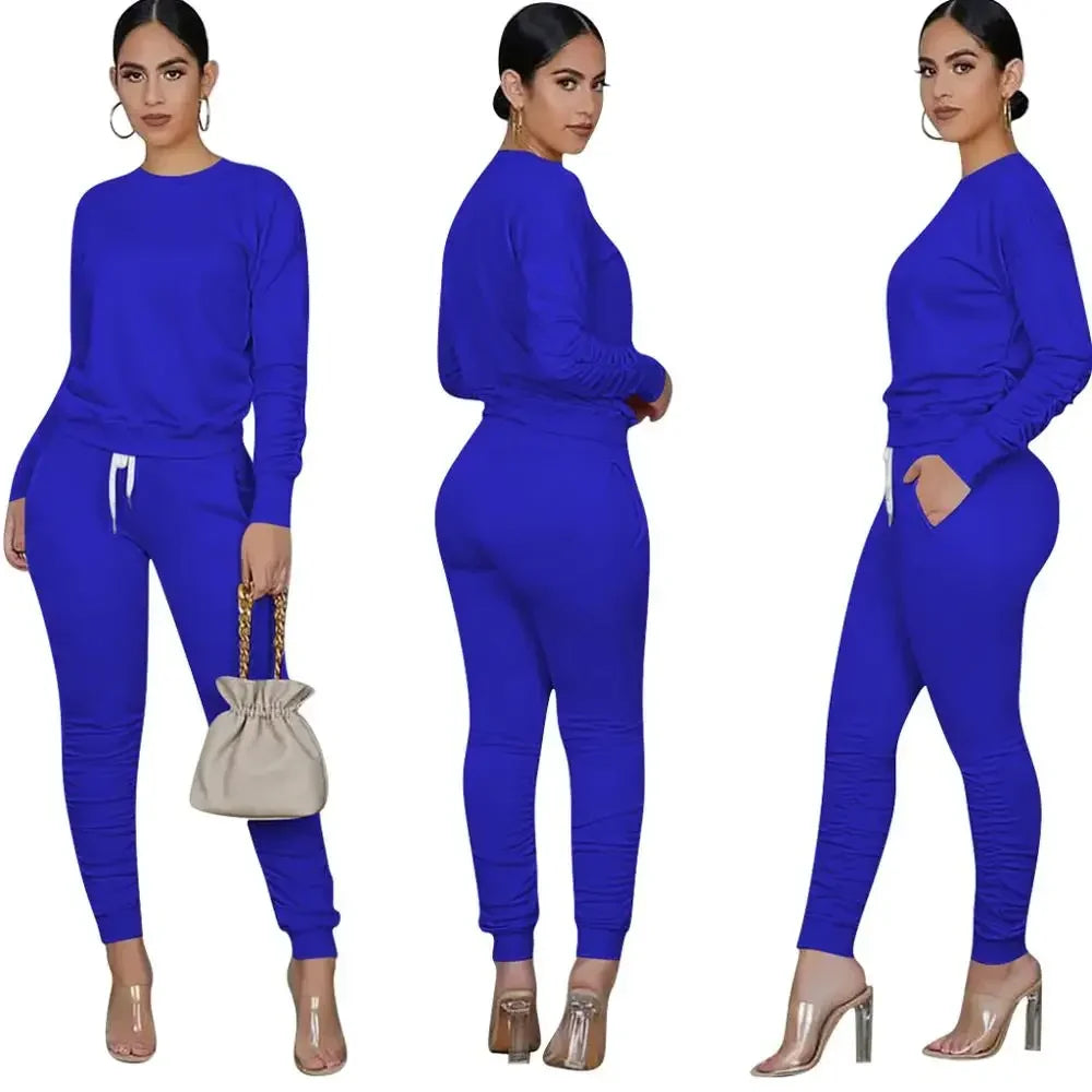 New round Neck Long Sleeve Slim Fit Warm Top Elastic Waistband Lace-up Trousers Simple Solid Color Sports Two-Piece Set
