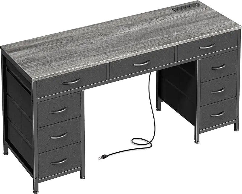 47 Inch Office Desk with Outlets, Computer Desk with 9 Fabric Drawers, Writing Gaming Work Study Desk for Bedroom,