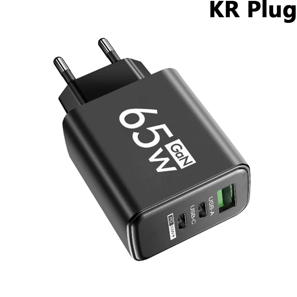 GaN 65W USB C Charger 3 Port PD Quick Charge Wall Plug Adapter For iPhone 15 14 Samsung Xiaomi Huawei EU US Travel Fast Charger
