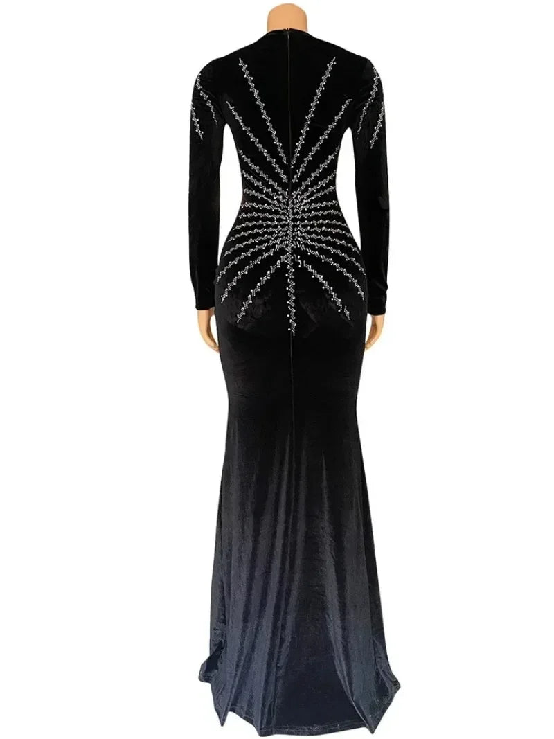 2025 Elegant Diamonds Velvet Long Party Dress for Women Sexy Deep V Evening Gown Formal Black Slim Dress Robe