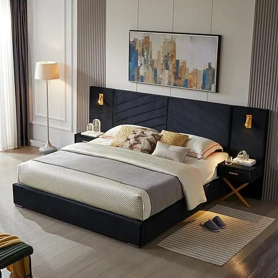 Luxurious King Platform Bed Frame, Velvet Upholstered Headboard with 2 Built-in Wall Sconces & Nightstands, Sturdy Metal & Solid