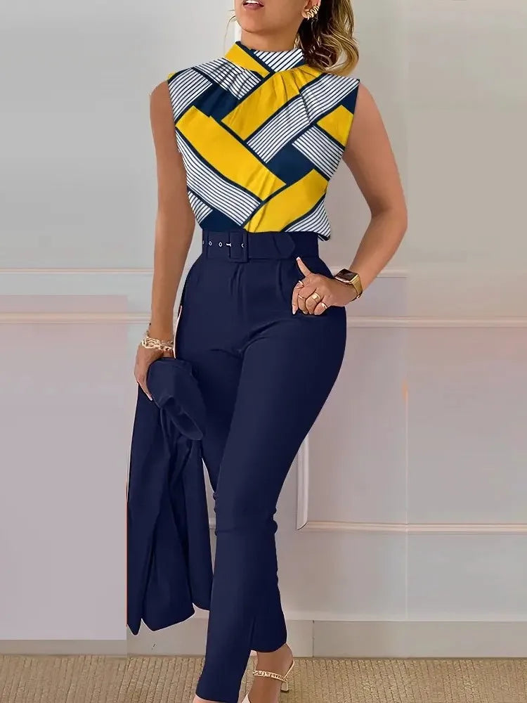 Women's Two Piece Set O Neck Sleeveless Top Pencil Pants Fashion Print With Belt Blouses Tank 2 Piece Set Female Women Clothing