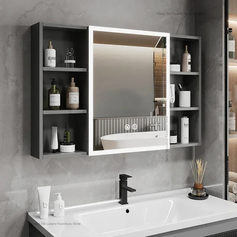 Space Aluminum Bathroom Mirror Wall-mounted Make Up Vanity Storage Mirror Cabinet Shelves Home Furniture Muebles Bano FYBC