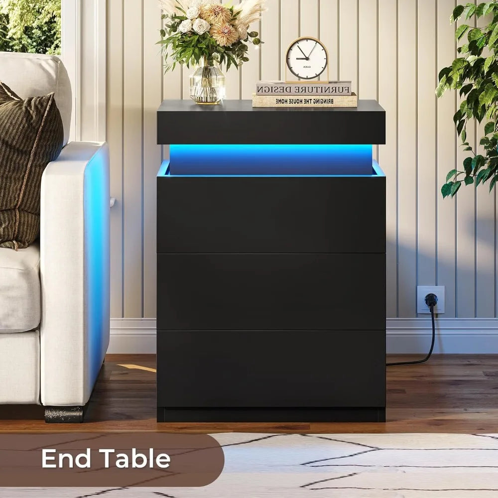 Nightstand with Charging Station and LED Lights, Led Nightstand with Sliding Top, Bedside Table with Drawers, Modern End Table S