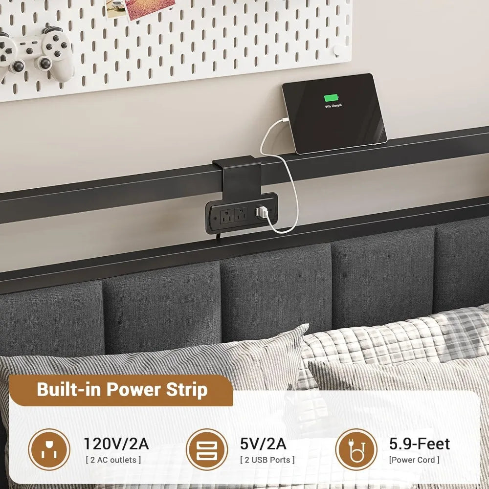 Hasuit Corner Bed Frame with Storage Drawers, Twin Daybed with Line Fabric Upholstered Fence, Kids Bed Unit with LED Light