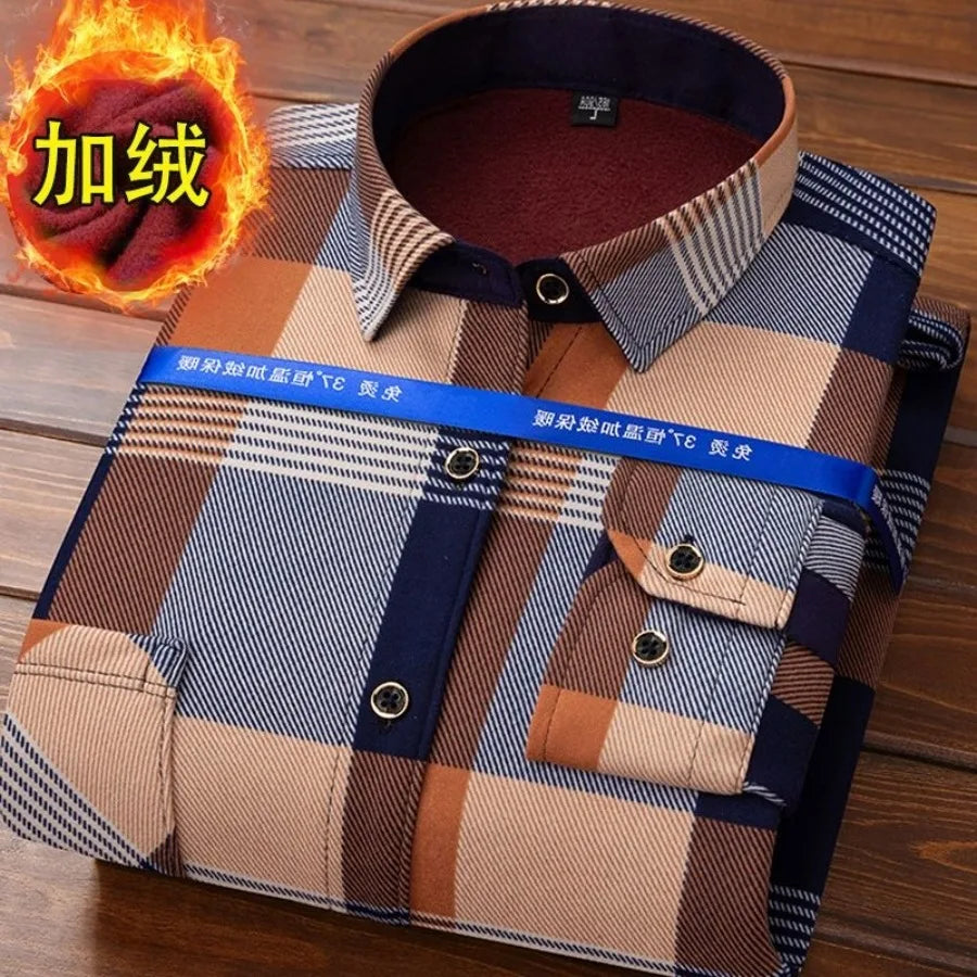 2025 Men's Autumn Winter Thick Warm Long Sleeve Plaid Shirt