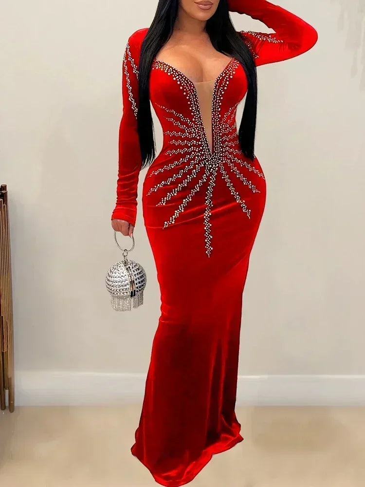 2025 Elegant Diamonds Velvet Long Party Dress for Women Sexy Deep V Evening Gown Formal Black Slim Dress Robe