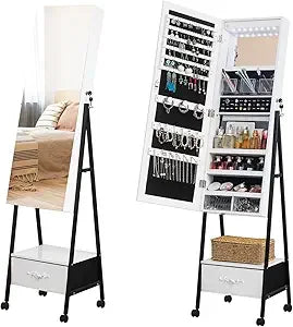 360° Swivel Jewelry Armoire with Full Length Mirror, Slide Jewelry Cabinet Rotating Freestanding Jewelry Organizer with Coat Ra
