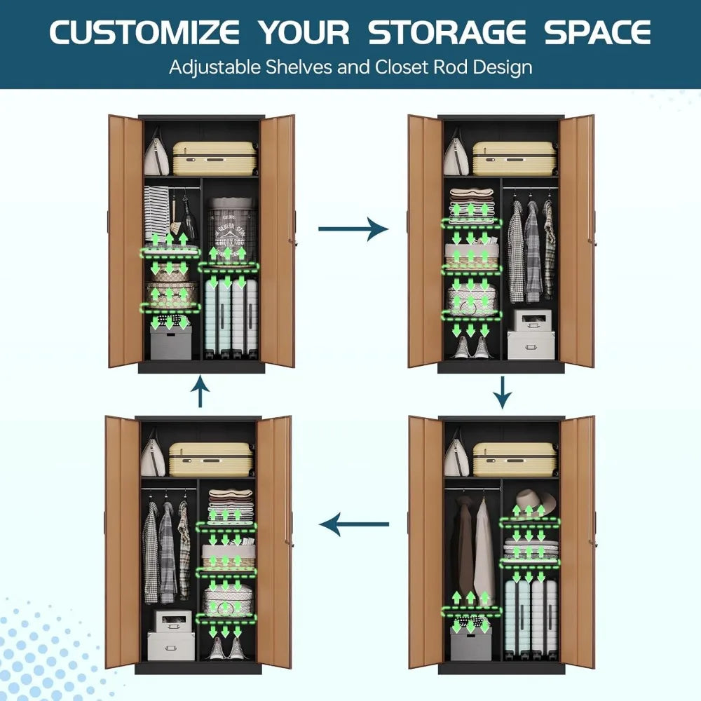 Metal Wardrobe Cabinet with Locking Doors, Metal Storage Armoire Closet for Clothing, 2 Door Woodgrain Locker Cabinet with Adju