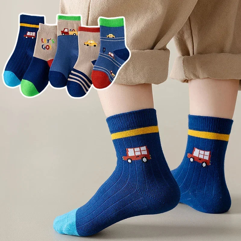 Kids' Socks 5 Pairs/lot Soft Cotton Thin Socks Spring Autumn Cotton Socks Medium Little Boys Crew Sock Baby Cartoon Pattern