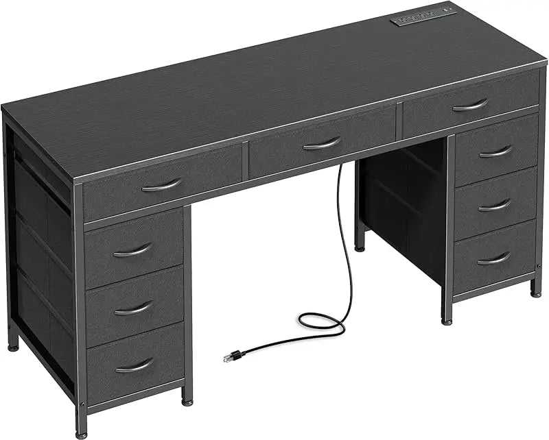 47 Inch Office Desk with Outlets, Computer Desk with 9 Fabric Drawers, Writing Gaming Work Study Desk for Bedroom,