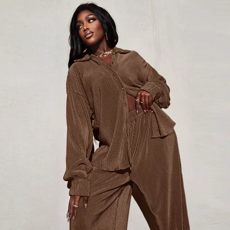 CM.YAYA Street Women's Set Long Sleeve Shirt Tops and Wide Leg Pants Elegant Tracksuit Two Piece Set Sweatsuit Fitness Outfits