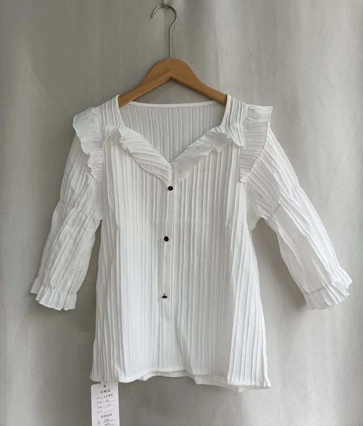 French Elegant Shirts V Neck Puff Sleeve Solid Color Ruffles Patchwork Single Breasted Blouses Summer All Match Women's Clothing