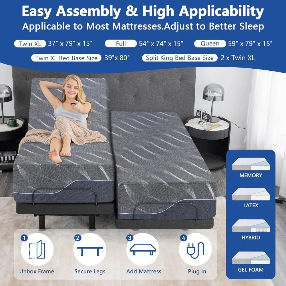 Twin XL Adjustable Bed Base with Mattress, 14 Inch Grey Gel Memory Foam Medium-Firm Mattress in Box, Adjustable Bed Frame with T