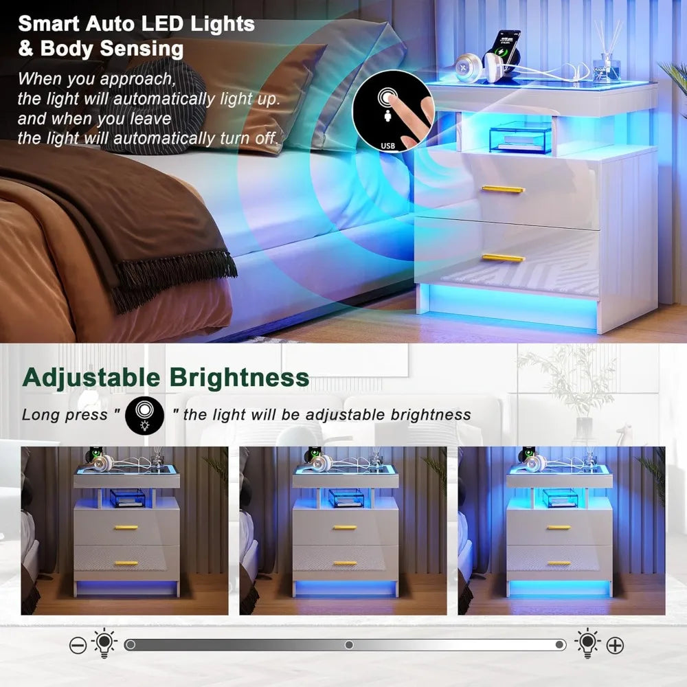 LED Nightstand with Charging Station High Gloss Bedside Table with 2 Drawers, Smart Night Stand with Auto Sensor Lights