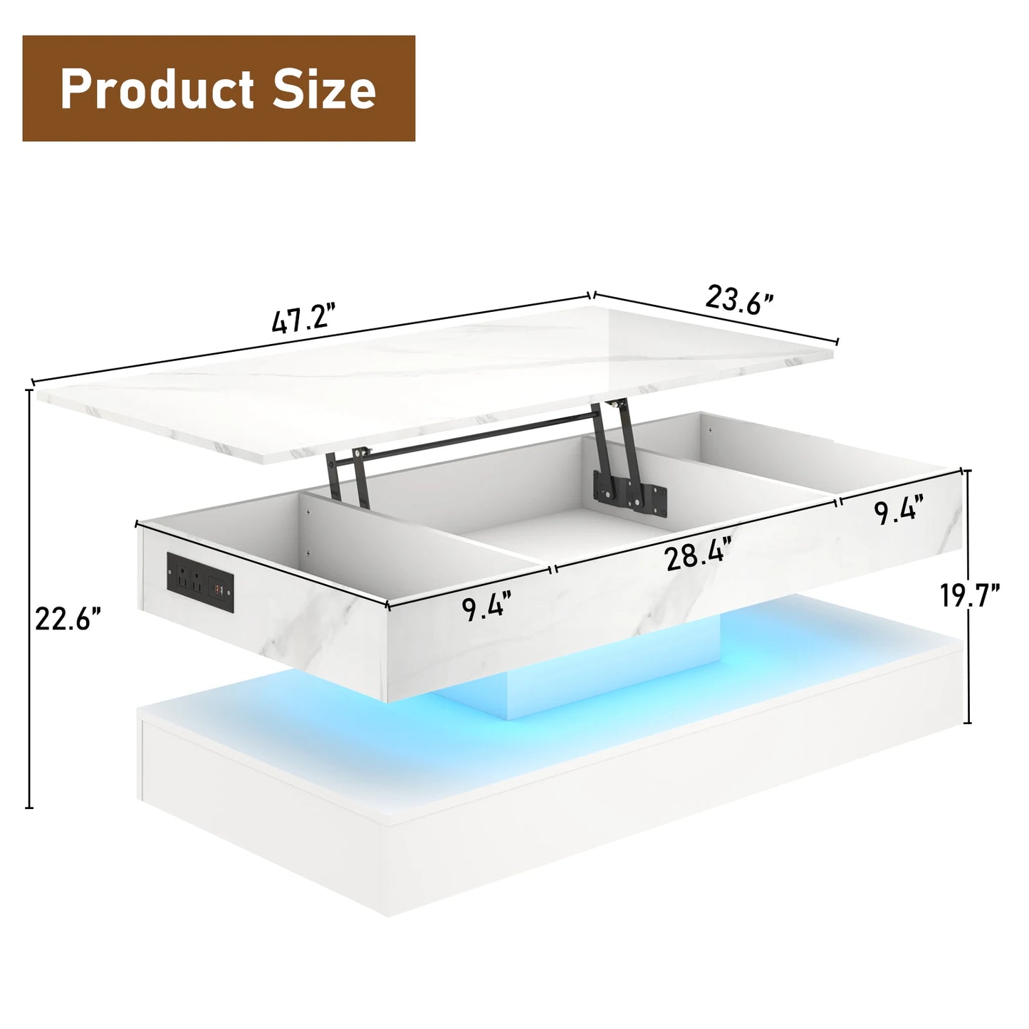 High Glossy LED Coffee Tables for Living Room, Center Table with Open Display Shelf & Large Storage Space, White Coffee Table