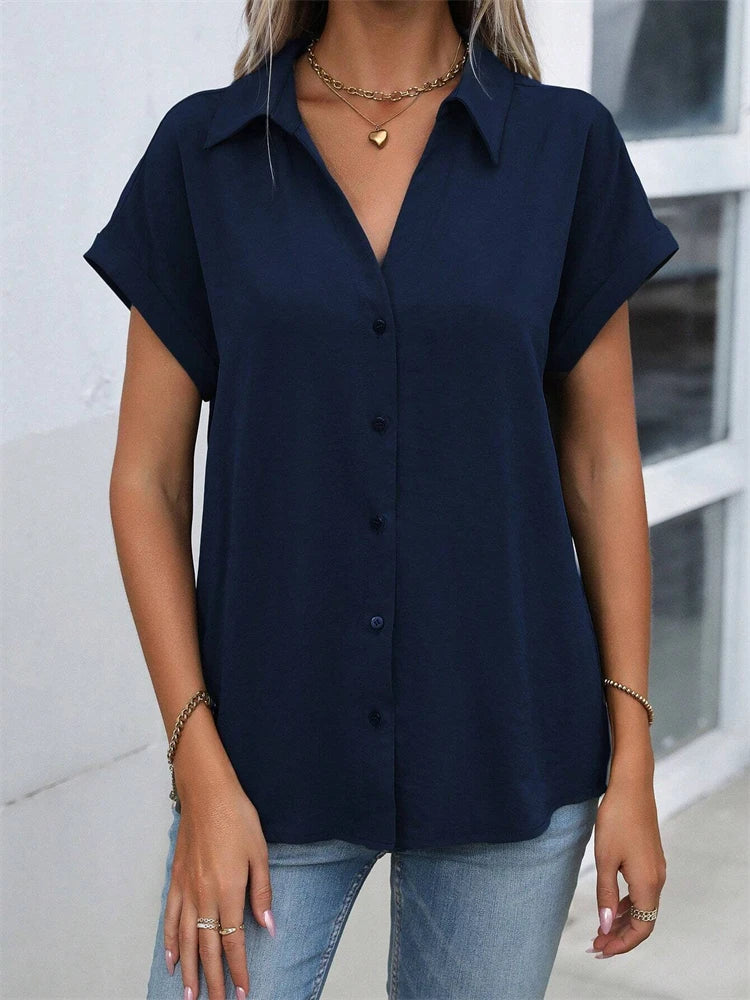 Classic Solid Color Short-sleeved Shirt Women's Summer New Casual Wind Tie Buckle Slim Short-sleeved Shirt Flip Collar Blouse