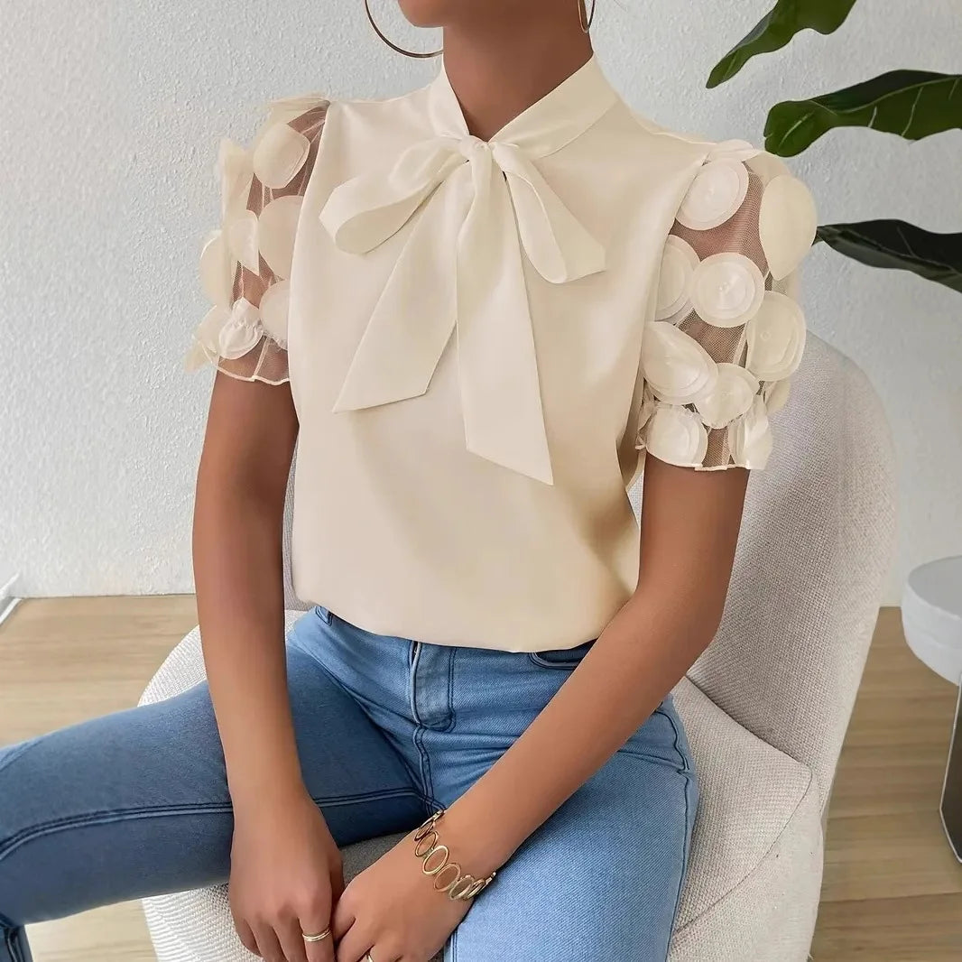 Summer Short Sleeve Blouses For Women 2025 Fashion Loose Bow O-neck White Tops Casual Ladies Shirts Elegant