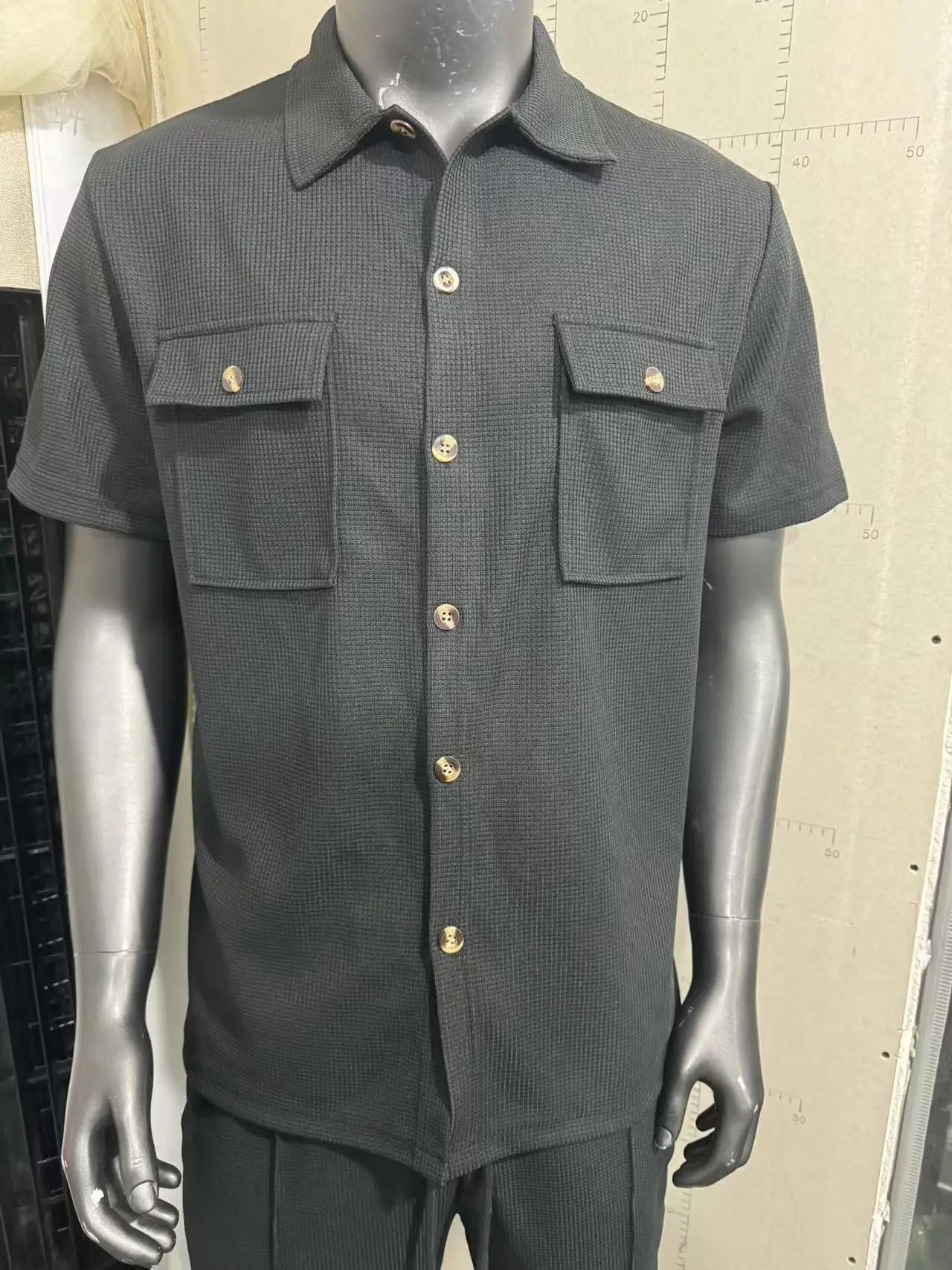 2025 New solid color button pocket shirt short sleeve trousers waffle check two-piece set, outdoor travel set spring and summer