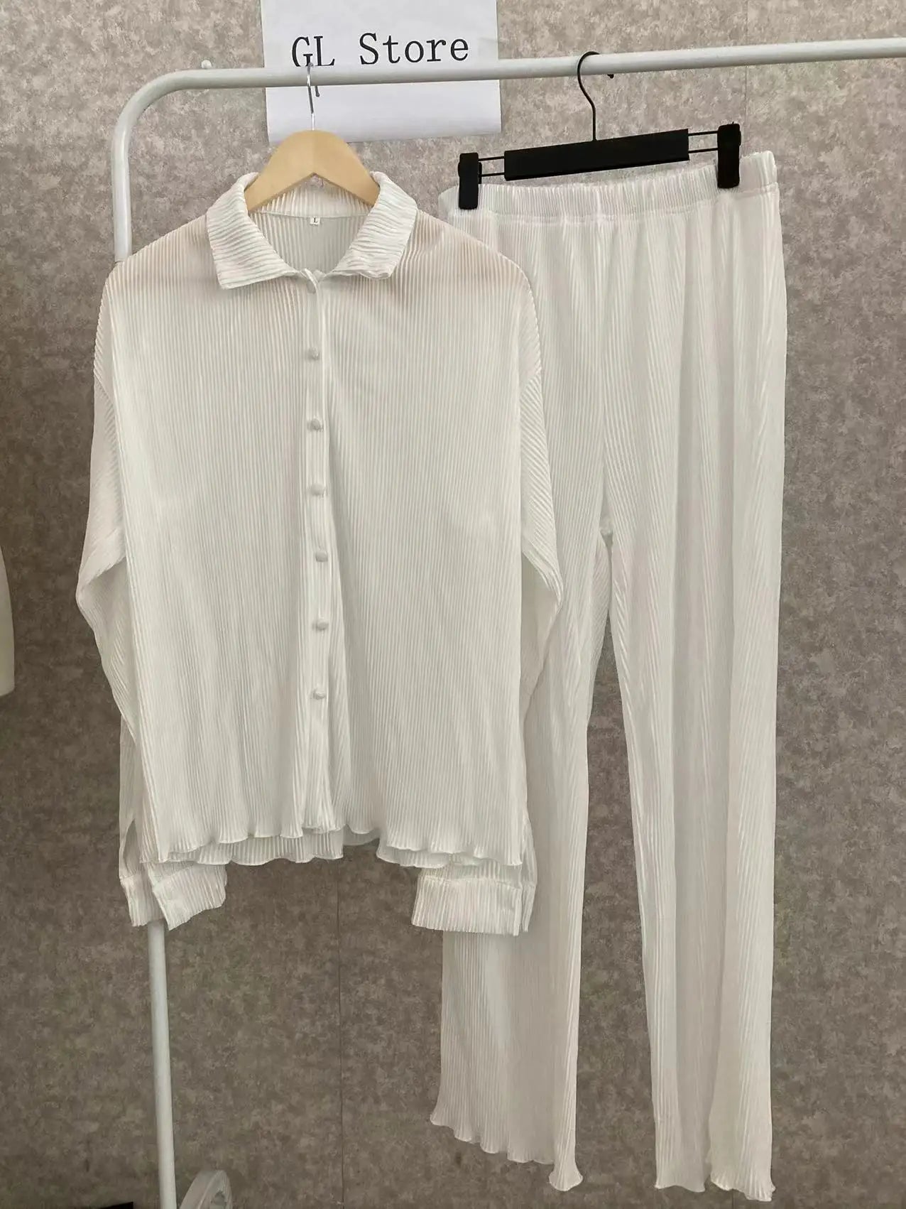 CM.YAYA Street Women's Set Long Sleeve Shirt Tops and Wide Leg Pants Elegant Tracksuit Two Piece Set Sweatsuit Fitness Outfits