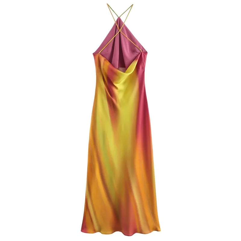 TRAF Women's Dress 2024 Print Halter Midi Dresses Summer Tie Dye Long Dresses For Women Backless Sexy Satin Holiday Dresses