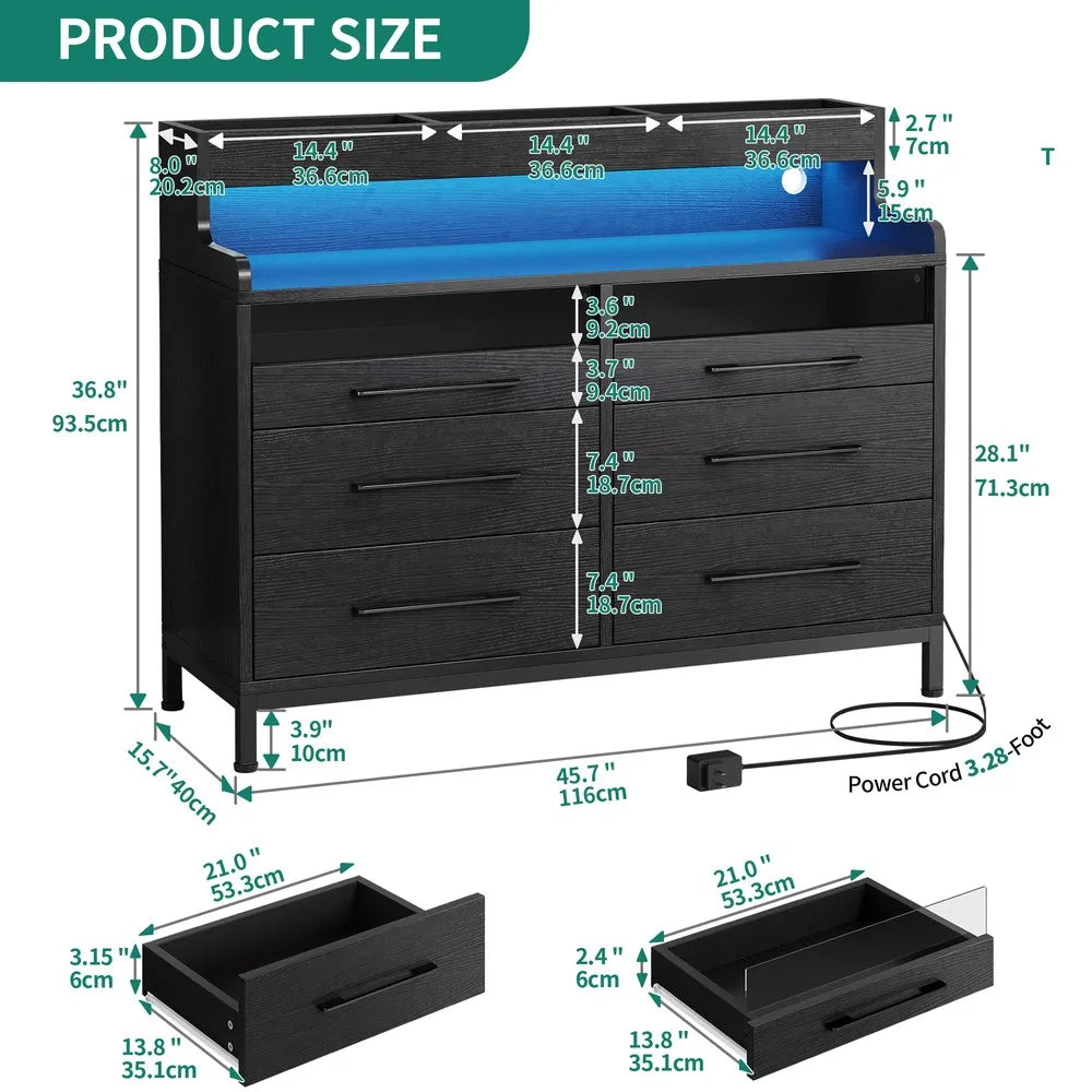 LED Dresser with 6-Drawer Bedroom Chest of Drawers File Cabinet w/Open Shelves