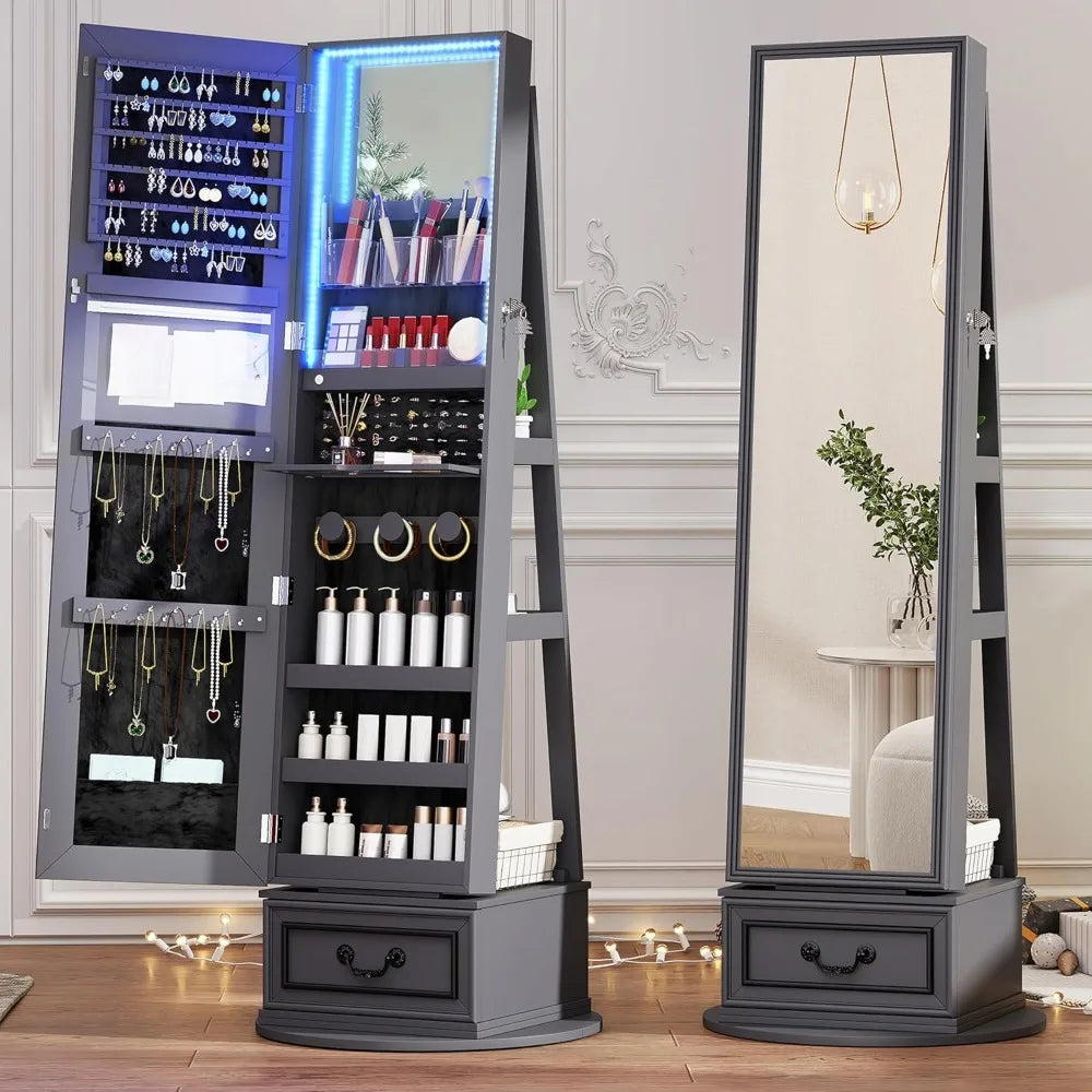 Mirror Jewelry Cabinet Standing, 360° Swivel Jewelry Armoire with Full Length Mirror, Lockable Mirror with Jewelry Storage