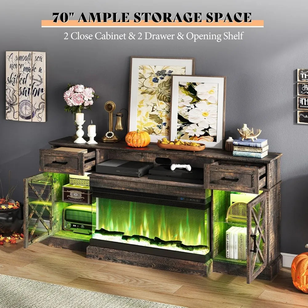 Farmhouse LED Fireplace TV Stand with 3-Sided Glass Fireplace, 70" Large Entertainment Center for TVs up to 80", Rustic TV Cons