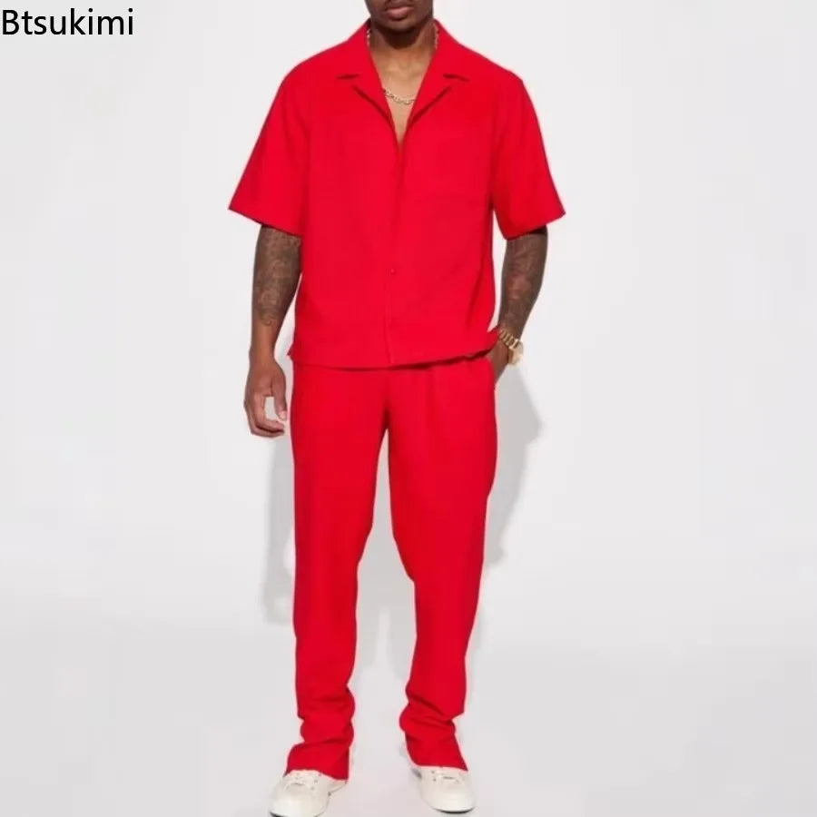 Fashion Mens Solid Color 2 Piece Suits Streetwear Trendy Loose Short Sleeve Lapel Shirt and Pants Outfits Men Summer Casual Sets