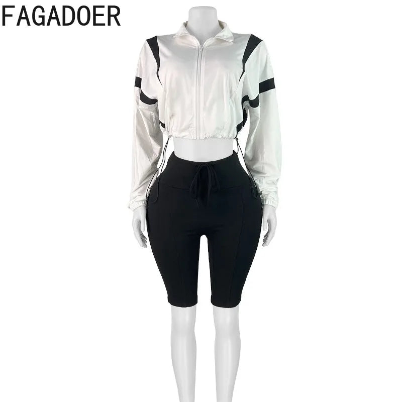 FAGADOER Fashion Sports 2 Pieces Set for Woman Color Block Drawstring Patchwork Crop Top and Pants Outfit Female Streetwear New