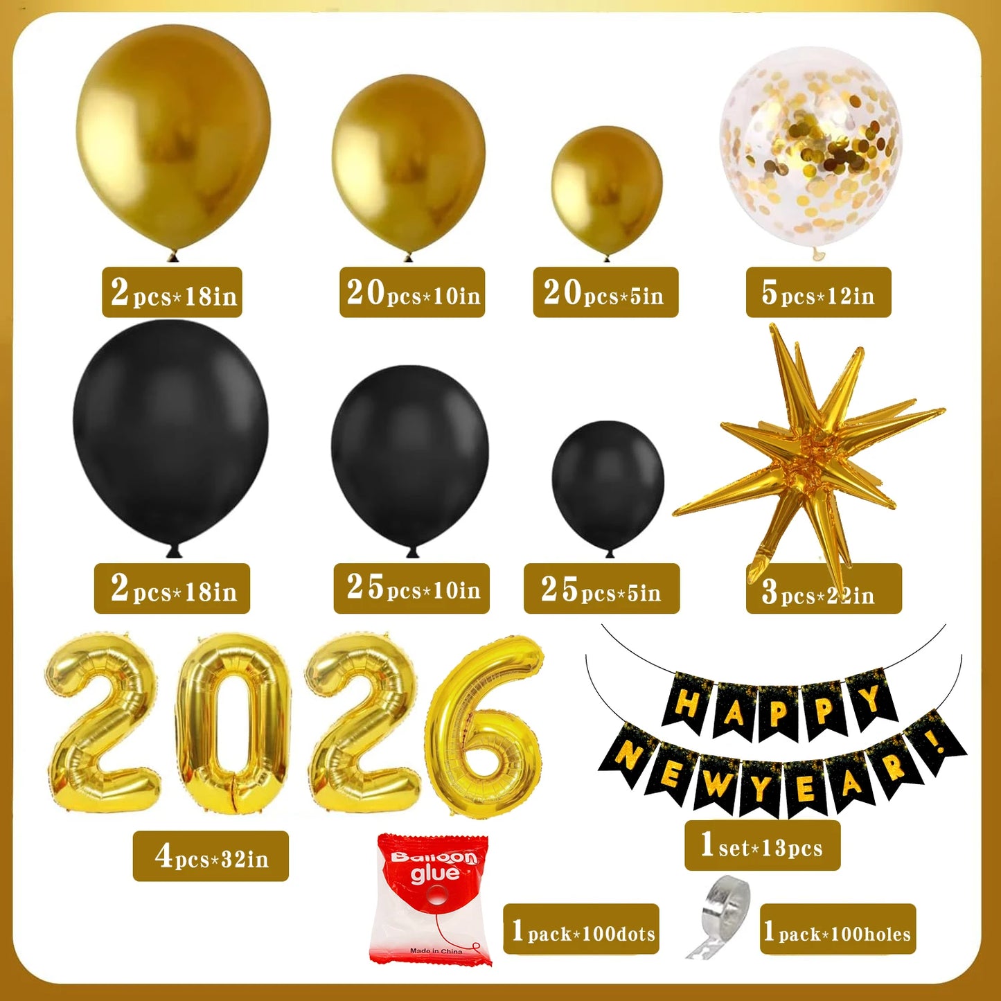 121Pcs 2026 NYE Balloon Arch Kit - Black Gold Balloons & Banner for New Year Party Decorations