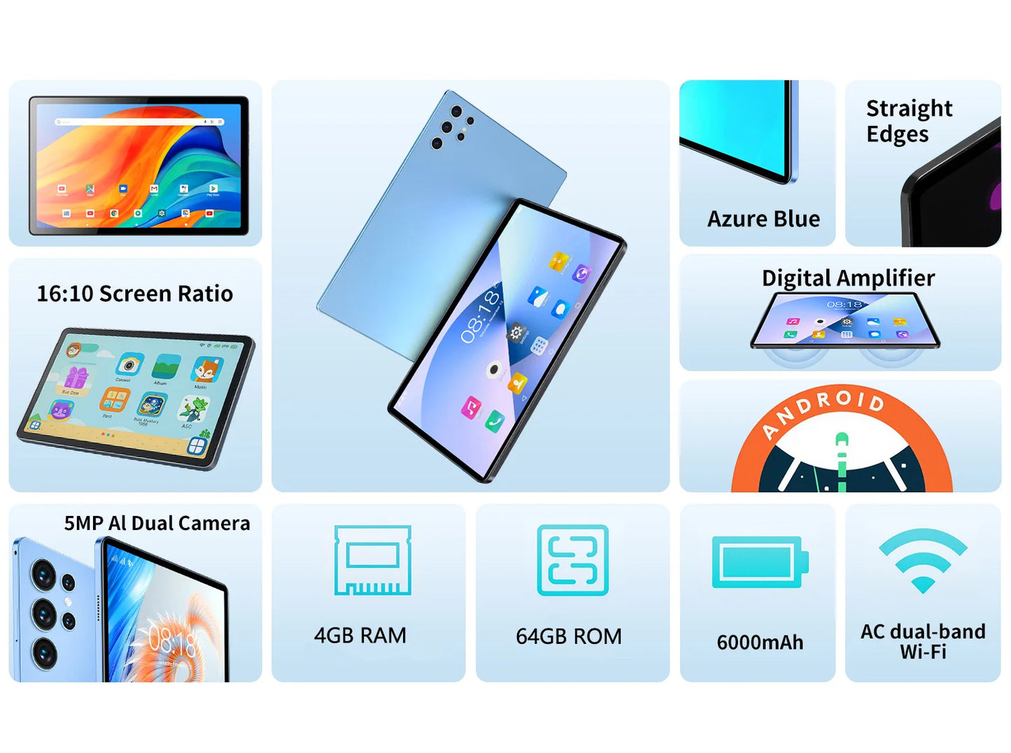 2025 New 10.1 Inch Android Tablet HD Display Octa Core 4GB RAM 64GB ROM Dual SIM WiFi Bluetooth Google Play Tablet PC