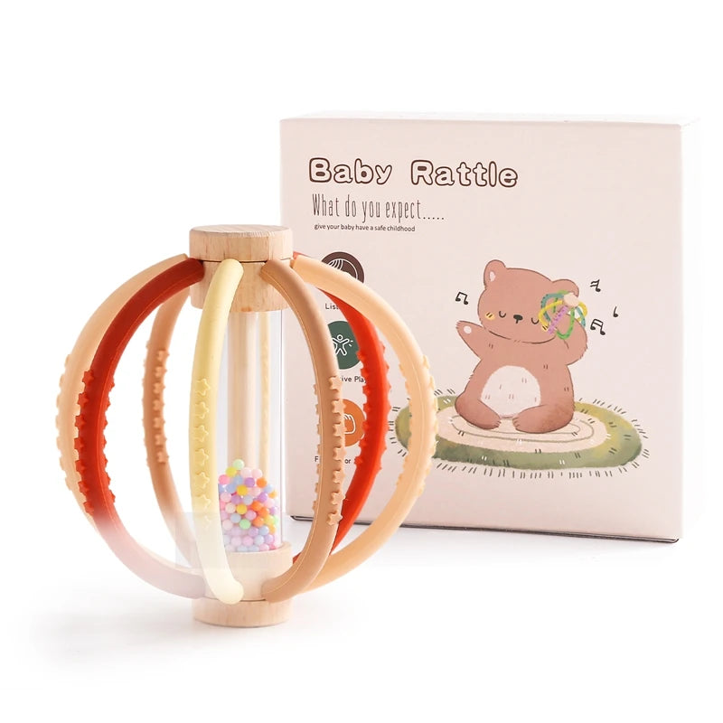 Baby Rattle Toy Wooden Rain Drum With Silicone Baby Sensory Touch Toy Newborn Dental Care Gum Anti-eating Hand Molar Stick Gif