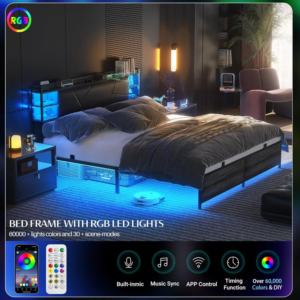 LED King Size Bed Frame with Charging Outlets & Sturdy Bed W/Upholstered Headboard, Heavy Duty Metal Slats, No Box Spring Needed