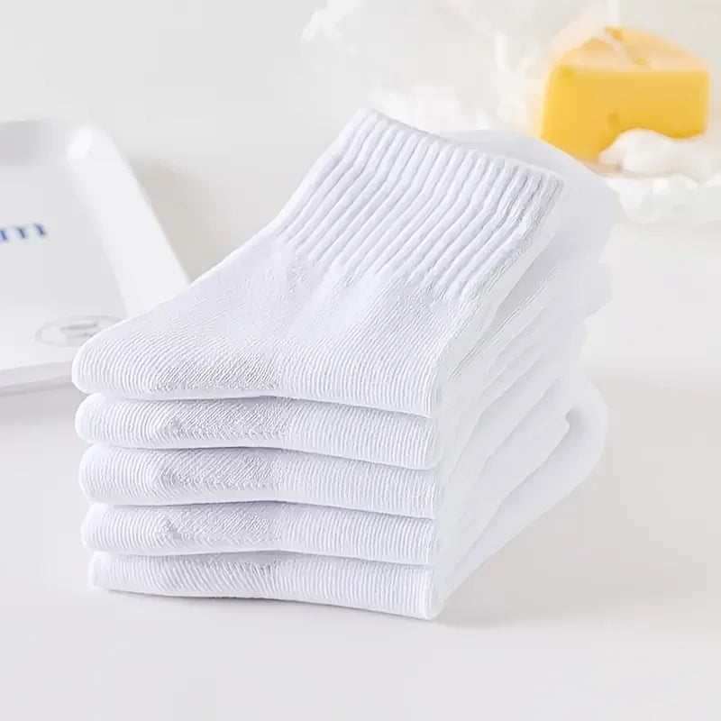 5-piece set of children's black and white solid color mid-calf socks - breathable polyester blend, ribbed texture, comfortable f
